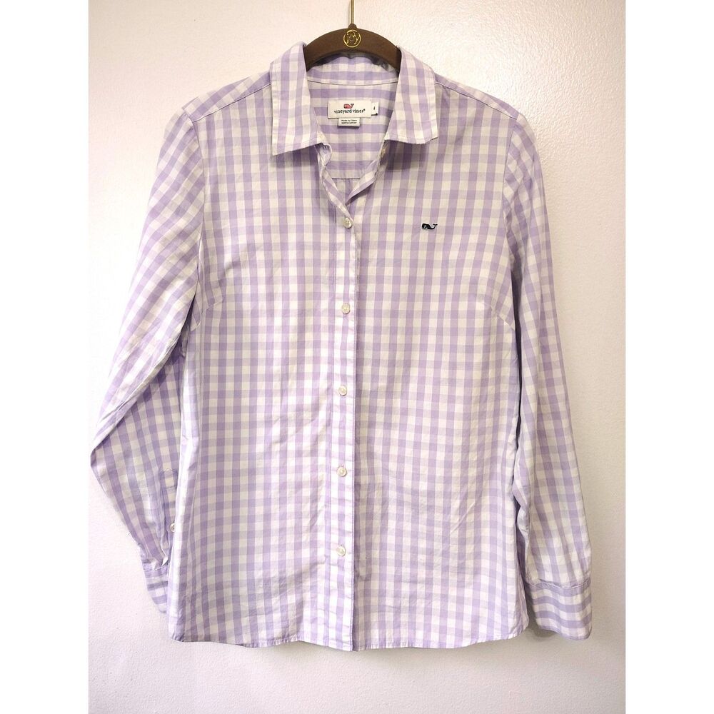 Vineyard Vines Women's Size 4 Lavender Gingham Cotton Button Down Shirt Top Logo - Picture 2 of 5